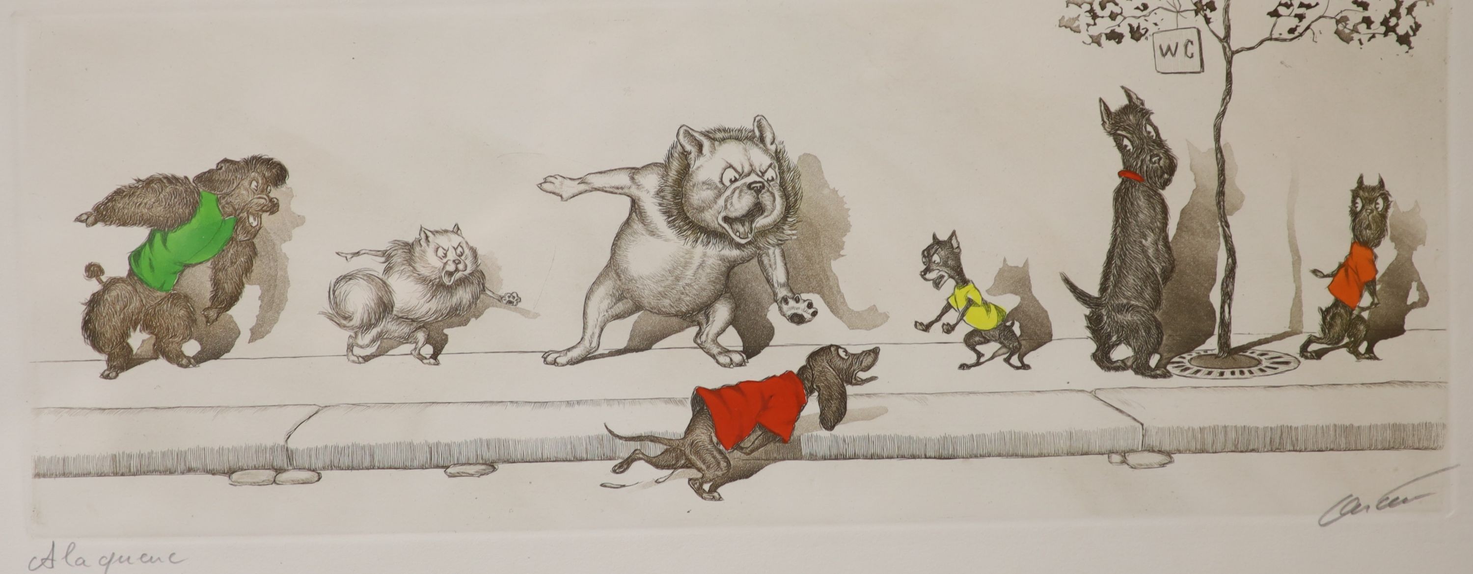 Boris O'Klein, coloured etching, 'A La Queue', signed, 20 x 49cm.